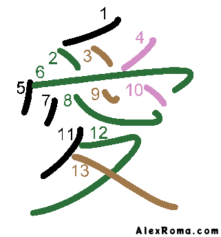 Kanji stroke diagram showing the kanji 愛 AI.