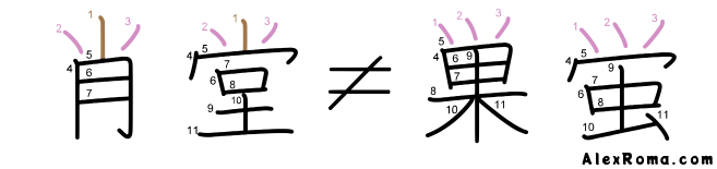 Kanji stroke diagram showing the kanji 肖 SHOU 'resemblance', 堂 DOU 'hall', 巣 su 'nest' and 蛍 hotaru 'firefly'. It illustrates the difference of two types of triplet crown strokes: one that has a prominent middle stroke, and one where all strokes have equal weight.