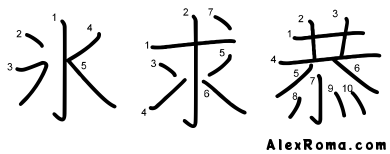 Kanji stroke diagram showing the kanji 氷 koori 'ice', 求 motomeru 'to seek', and 恭 uyauyashii 'respectful'. It presents more kanji with a prominent middle stroke and satellite strokes around.