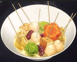 Screenshot from anime: oden with skewers.