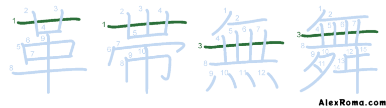 Kanji stroke diagram showing the kanji 革 kawa 'leather', 帯 obi 'belt', 無 MU 'nothing' and 舞 mau 'to dance'. It shows shapes with piercing horizontal strokes that are written first instead of last.