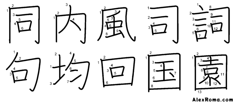 同 onaji 'same', 内 uchi 'inside', 風 kaze 'wind', 司 SHI 'official', 詞 SHI 'word', 句 KU 'section', 均 KIN 'level/average', 回 mawaru 'rotate', 国 kuni 'country', 園 sono 'garden'.